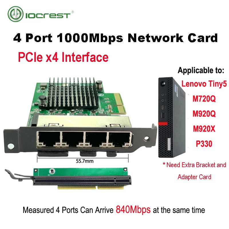 IOCREST PCIe x4 4 Порта Gigabit Ethernet Карта контролер 1000 Mbit/NIC Чипове на Realtek RTL8111H, Предназначени за по-малки заграждения Lenovo