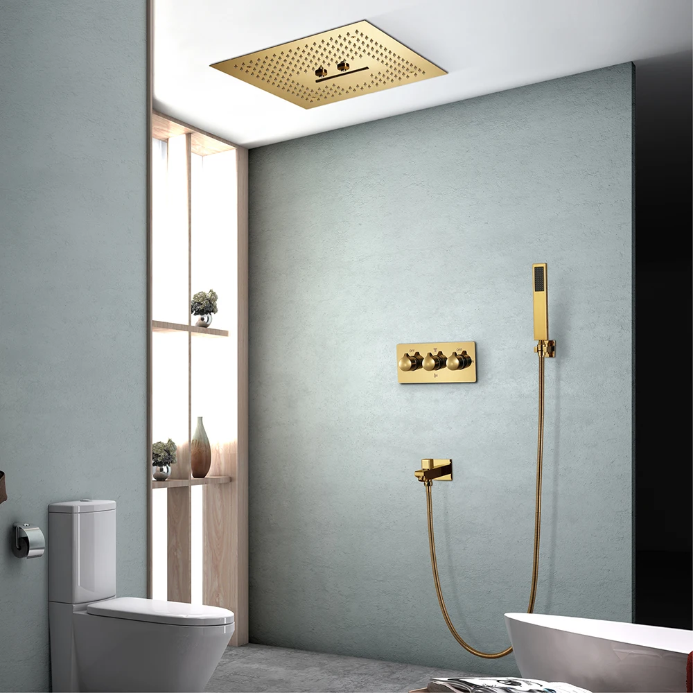 Комплект за душ Ti-PVD gold с полирани, душ-панел от неръждаема стомана 304, 3 функции на системата дъждовен душ, смесител за баня