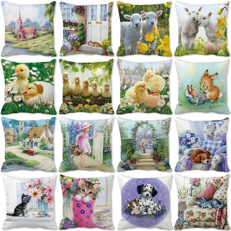 Пролет-лято декоративни калъфки за възглавници 45x45 см, с принтом любимци, котки, кучета, патици, овце, калъфка за домашен интериор, калъфка за дивана