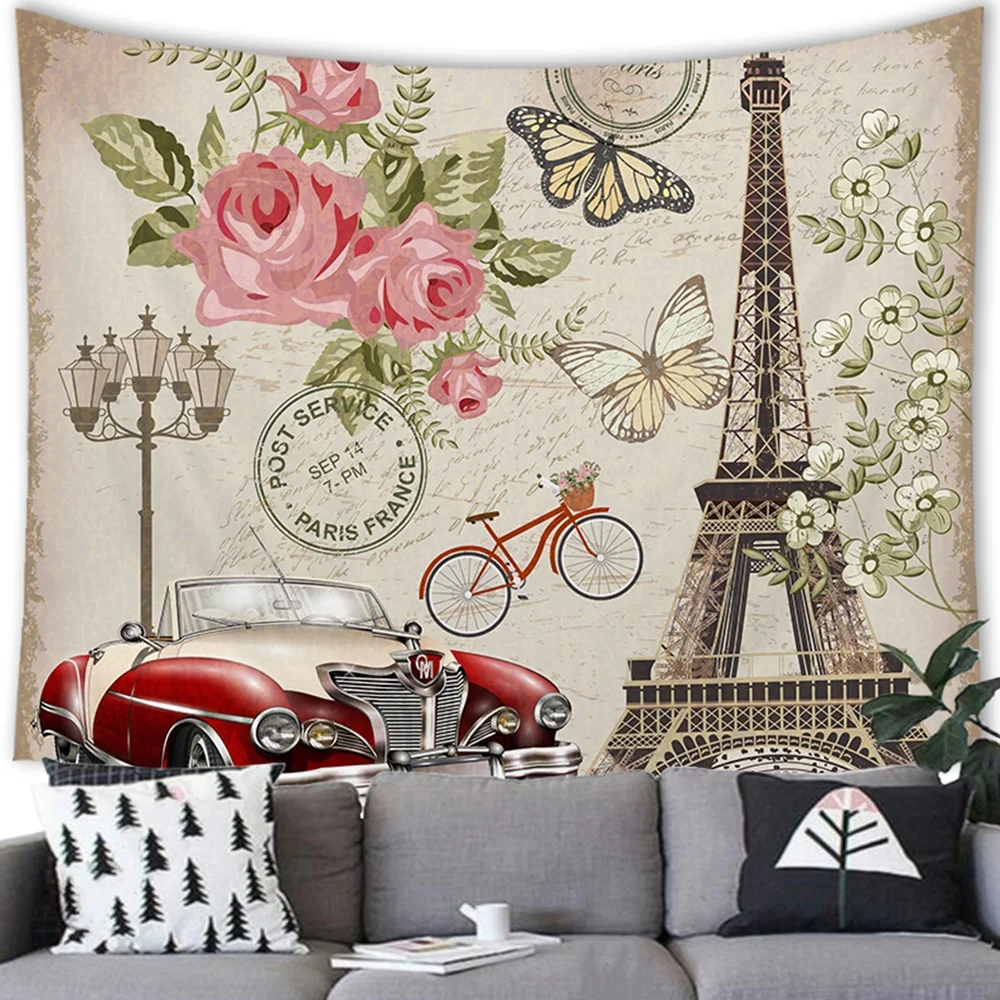 Стар велосипед, гоблен с Айфеловата кула, британски стил, ретро автомобили, гоблени с картина на маршрута, интериор за спални, хол, стенен декор